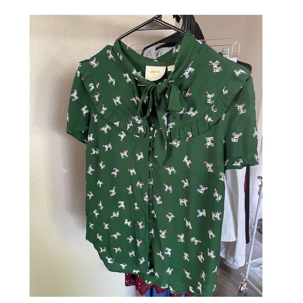 Dark green dog printed button down top